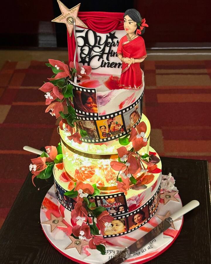 One photo that stood out was a shot of the cake, which captured the essence of Shabana Azmi's remarkable career in cinema. (Image: Instagram/@diamirzaofficial)