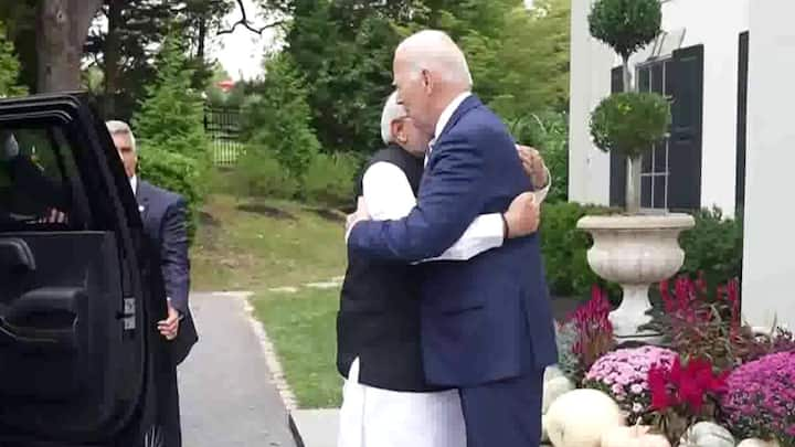 Prime Minister Narendra Modi was received by Joe Biden at his residence in Greenville, Delaware ahead of bilateral talks. The US President welcomed PM Modi with a hug. (Image source: ANI)