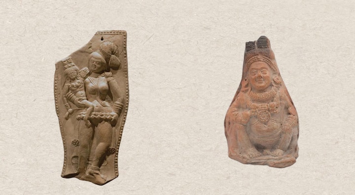 (Left) Broken terracotta plaque depicting a highly decorated female figure holding a child on her waist. (Right) Partly broken rattle modeled in the form a pot-bellied figure (Yaksha) seated in crouching position, wearing elaborate jewelry. (Image Source: Special arrangement)