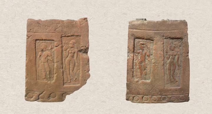 (Left) Broken tile depicting a male figure and female figure standing within a rectangular frame. The male holds a spear while the female carries a pot in her hand. (Right) Partly broken tile depicting a male and female figure standing within a rectangular frame.  (Image Source: Special arrangement)