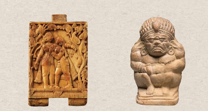 (Left) Partly broken plaque depicting Lord Krishna accompanied by female figures. The other side depicts Radha and Krishna. (Right) Terracotta image depicting a potbellied, seated male figure (Yaksha) with ferocious facial expression, wearing a decorated turban.  (Image Source: Special arrangement)