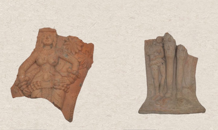 (Left) Plaque depicting a highly ornate female figure (Yakshi) wearing foliated lower garment tucked with heavy girdle. Both the hands are placed on her waist. (Right) Broken plaque depicting extant lower portion ofa female figure (Yakshi) wearing lower garment upto knee level with pair of sandals.A female attendant is also seen by her side. (Image Source: Special arrangement)