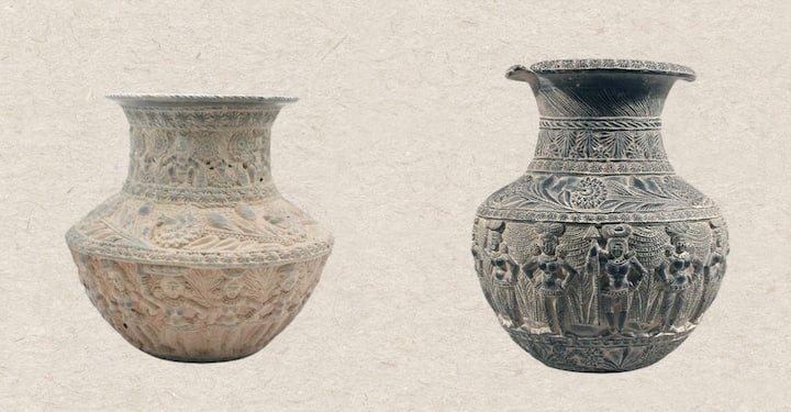 (Left) Open mouthed carinated vase depicting seated females holding lotus, standing male and female figures in two different tiers. (Right) Partly broken medium sized decorated vase depicting row of ornate standing female figures in different gestures.  (Image Source: Special arrangement)