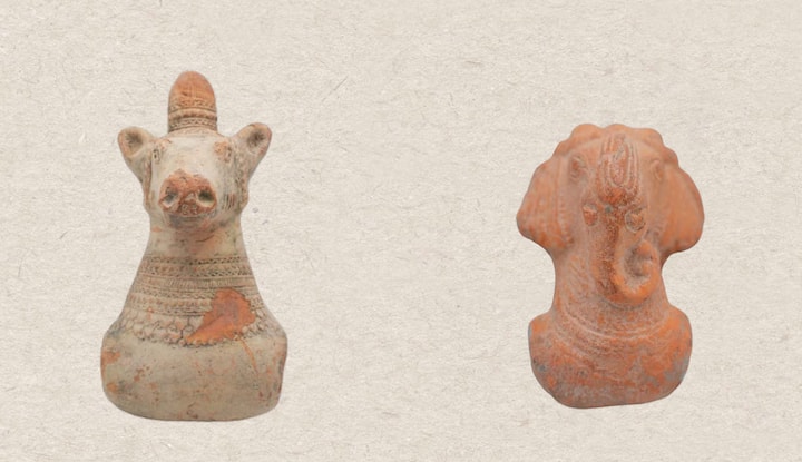 (Left) Extant portion of toy cart depicting face of a decorated horse. (Right) Extant portion of toy cart depicting face of a decorated elephant. (Image Source: Special arrangement)