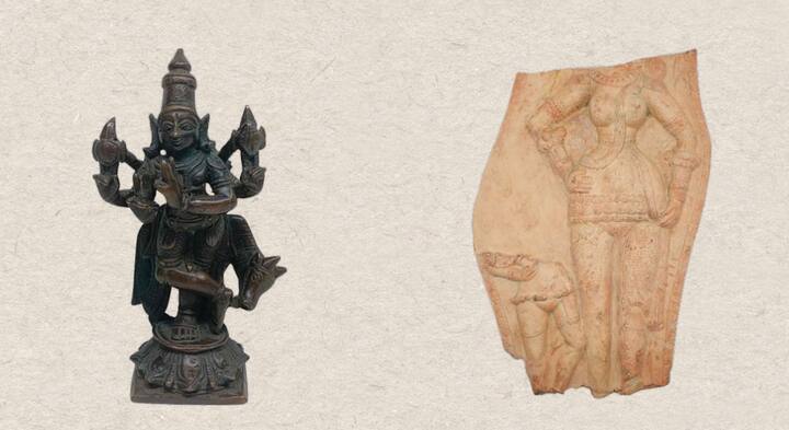 (Left) Image depicting four armed Krishna in the form of Venugopal standing along with a cow. (Right) Broken plaque depicting a headless female figure bedecked with ear ornaments, necklace, armband, heavy bangles and foliated lower garment tucked with girdle on waist. (Image Source: Special arrangement)