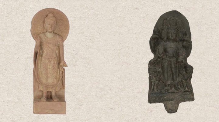 (Left) Buddha standing over a pedestal. He is seen wearing long foliated robe and holding its loose end in his left hand. The right hand is inabhaya mudra. (Right) A seven headed standing male deity along with attendants. He is seen holding lotus stalk, rosary, conch etc. (Image Source: Special arrangement)