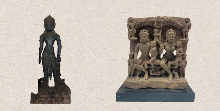 (Left) Gilded image depicting a two-armed male figure standing over a pedestal. He is wearing a decorative headgear and various ornaments. (Right) Image depicting a couple seated on a pedestal and holding male and female child on their lap. They are accompanied by two Maladharis and an attendant on the top and bottom.  (Image Source: Special arrangement)