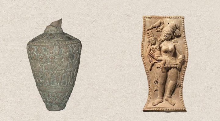 (Left) Conical vase decorated inthree bands,  depicting floral motifs,standing male and female, seated female figures holding basket from top to bottom. (Right) Terracotta plaque depicting a highly decorated female figure holding a child on her waist. (Image Source: Special arrangement)