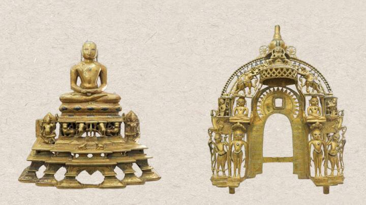 (Left) Image of Jain Tirthankara meditating over a high pedestal supported by pair of lion and elephant. A male and female attendant deity is also seen on either sides. (Right) Parikara presumably forming part of the Jain Tirthankara depicting seated and standing male figures with an umbrella and a canopy at the top.  (Image Source: Special arrangement)