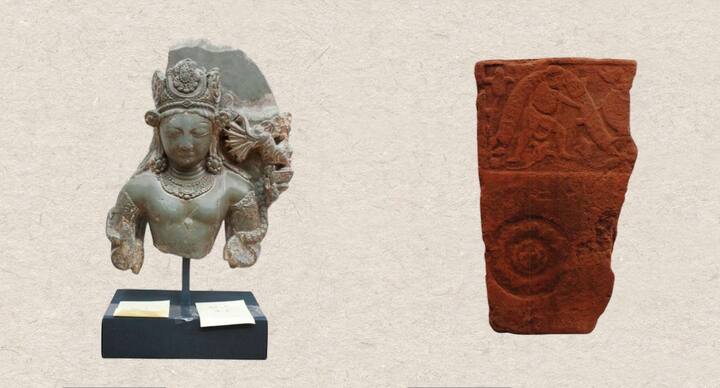 (Left) Extant bust portion depicting a two-armed male deity wearing an ornamented headgear and holding a flower on left hand. (Right) Broken and abraded terracotta tile depicting a male figure carrying garland and a lotus medallion.  (Image Source: Special arrangement)