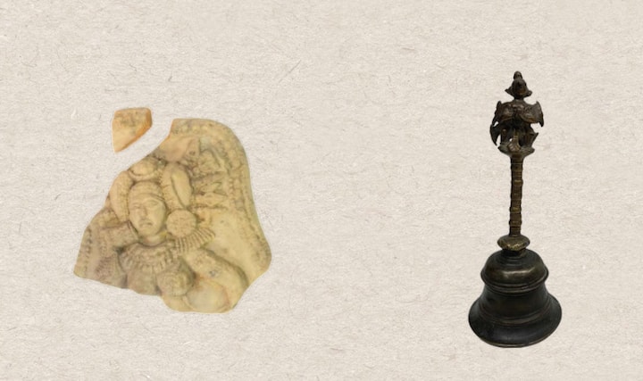 (Left) Fragmentary terracotta plaques depicting a female figures with beautiful hair style. (Right) Hand bell with a decorative handle topped by winged Garuda in kneeling posture.  (Image Source: Special arrangement)