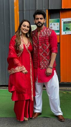 Sonakshi Sinha ने पति Zaheer के साथ रेड में की ट्विनिंग, हाथों में हाथ डाल रिएलिटी शो के सेट पर यूं दिए पोज