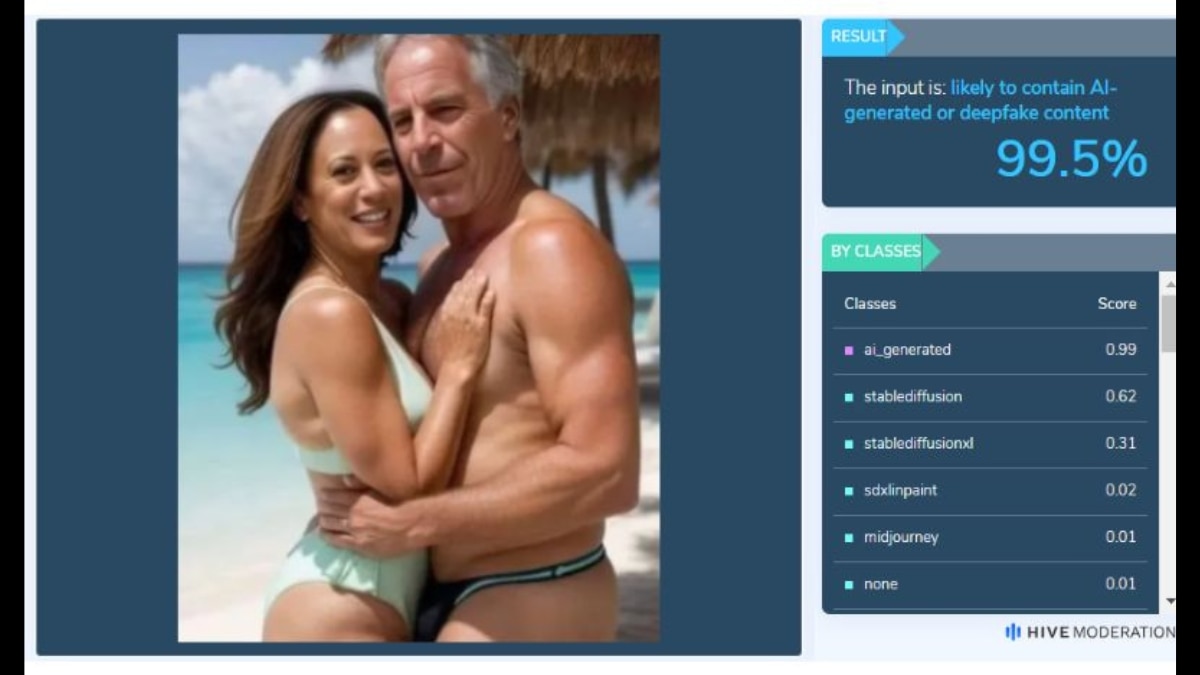 Fact Check: No, That's Not Kamala Harris With Jeffrey Epstein On A Beach, It's A Fake Image