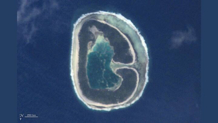 GO FOR 'G': Astronauts aboard the International Space Station took this image of 'G'-shaped Pinaki Island in the Pacific Ocean April 2001. Photo: NASA