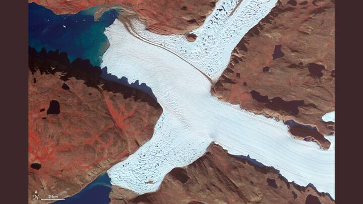 'X' IT IS! The northwest corner of Greenland’s Leidy Glacier, shown in this false-color image, was photographed on August 7, 2012, by NASA’s Terra satellite using the Advanced Spaceborne Thermal Emission and Reflection Radiometer (ASTER). Photo: NASA