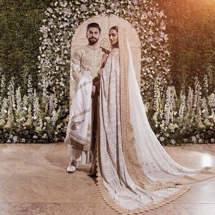 At her Mumbai reception, Deepika Padukone wowed in an ivory and gold chikankari saree by Abu Jani and Sandeep Khosla, complemented by stunning pearl jewelry and a fresh makeup look.
