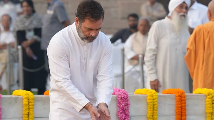 Leader of Opposition in the Lok Sabha Rahul Gandhi pays tribute to Mahatma Gandhi. In a tweet on X, he said, “Gandhi ji is not a person but a way of living and thinking”. (Photo: PTI)