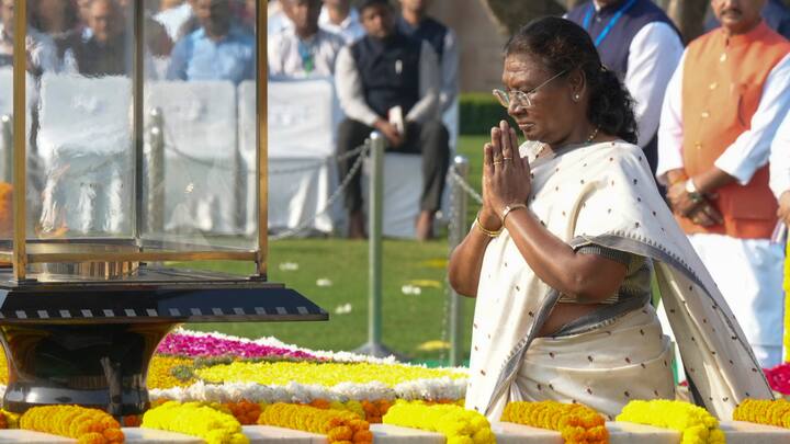 President Droupadi Murmu pays homage to Mahatma Gandhi on his birth anniversary, at Rajghat in New Delhi. Murmu greeted citizens on the eve of Gandhi Jayanti and asked everyone to resolve to imbibe the values of truth, non-violence, love and purity to advance the development of the country. (Photo: PTI)