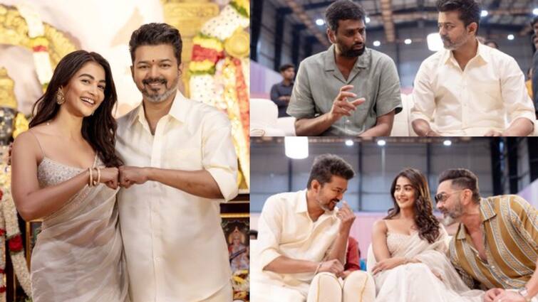 Vijay thalapathy 69 movie pooja photos pooja hegde bobby deol h vinoth Thalapathy 69 : பட்டு வேட்டி சட்டையில் விஜய்... பிரம்ம்மாண்டமாக நடைபெற்ற தளபதி 69 படத்தின் பூஜை