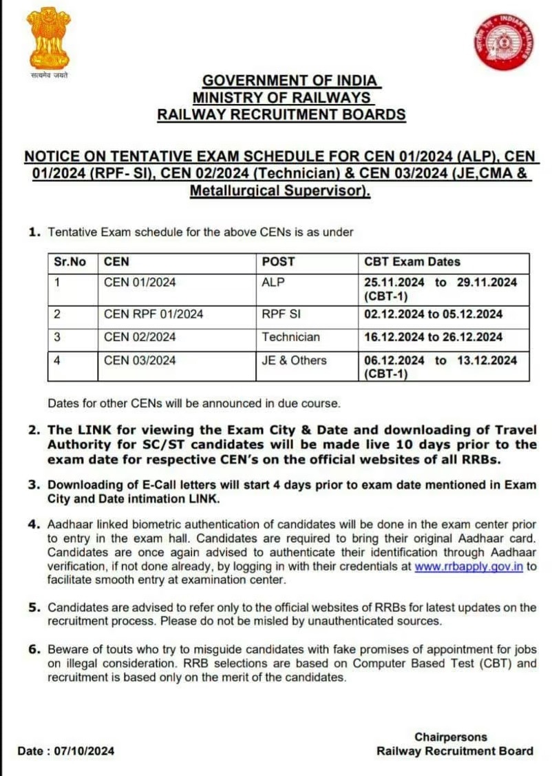 RRB JE 2024 Exam Date: జూనియర్ ఇంజినీర్ సహా పలు పోస్టులకు ఎగ్జామ్ తేదీలు ప్రకటించిన రైల్వే బోర్డు