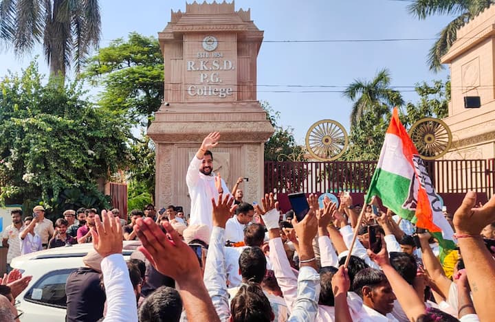 Congress candidate Aditya Surjewala celebrates with supporters after his victory from Kaithal constituency in the Haryana Assembly elections, in Kaithal district, Tuesday, Oct. 8, 2024. (Image Source: PTI)