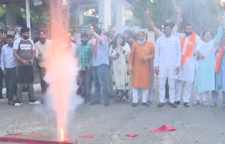 BJP supporters celebrate outside Haryana CM Nayab Singh Saini's residence in Chandigarh. (Image Source: PTI)