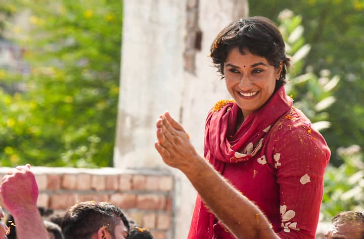 Wrestler and Congress candidate from Julana seat Vinesh Phogat celebrates her win in Haryana Assembly polls, in Jind, Tuesday, Oct. 8, 2024. (Image source: PTI)