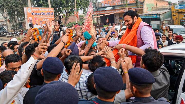 Haryana Chief Minister Nayab Saini greets supporters at Ladwa, in Kurukshetra district, after winning the Ladwa constituency. He won with a margin of 16,054 votes against Congress leader Mewa Singh Singroha. (Photo: PTI)