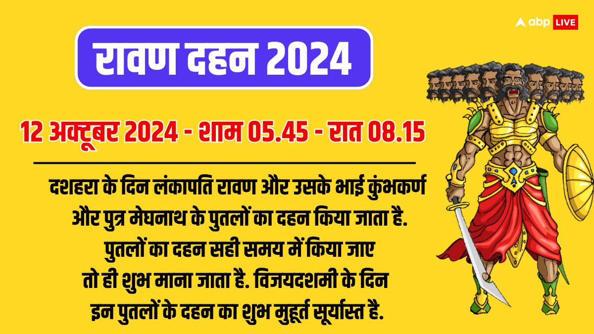 Dussehra 2024: दशहरा 12 अक्टूबर को, रावण दहन का मुहूर्त, विजयादशमी पर शस्त्र पूजन विधि जानें