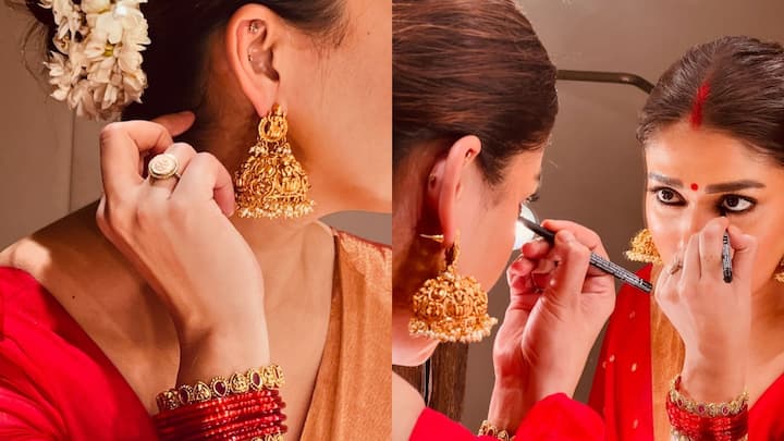 చెవులకు పెద్ద ఝుంకాలు, కళ్లకు మస్కార, గ్లోయింగ్ మేకప్​ లుక్​లో నయనతార చాలా అందంగా కనిపించింది. లుక్​కి తగ్గట్లు జ్యూవెలరీ వేసుకుని ఫోటోలు దిగింది నయన్.(Images Source : Instagram/Nayanthara)