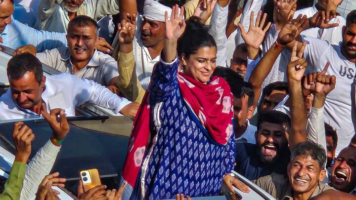 BJP candidate and former MP Shruti Choudhry celebrates with supporters after her victory from Tosham in the Haryana assembly elections. She defeated her cousin Anirudh Chaudhary, a Congress candidate, by over 14,000 votes. (Photo: PTI)
