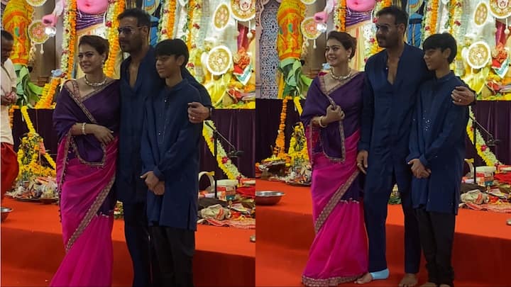 Kajol Ajay Devgn Pics: बॉलीवुड सेलेब्स इस वक्त दुर्गा मां की भक्ति में लीन नजर आ रहे हैं. हाल ही में काजोल अपने पति अजय देवगन और बेटे के साथ पंडाल में पहुंची.