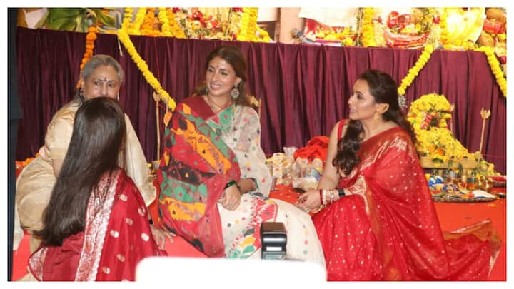 As Amitabh Bachchan celebrates his 82nd birthday today, October 11, his wife and veteran actress Jaya Bachchan, and daughter Shweta Bachchan-Nanda were spotted at a Durga Puja pandal.