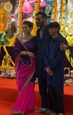 काजोल और बेटे युग के साथ दुर्गा पूजा में पहुंचे अजय देवगन, मैचिंग आउटफिट में यूं दिए फैमिली पोज