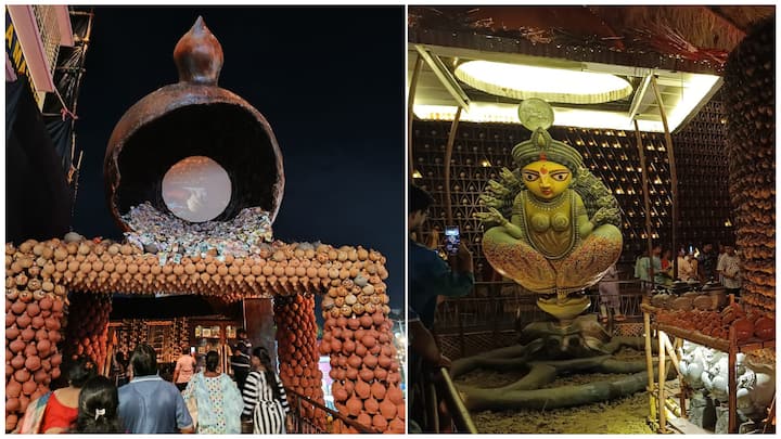 Have a look at the pandal in Kolkata that stands out with its unique design made entirely from gullak (Indian piggy banks), blending tradition, creativity, and sustainability.