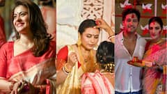 Celebrity Sindur Khela: আটপৌরে শাড়িতে অনবদ্য রানি, কাজলের পরনে লালপাড় গরদ, নুসরতের পাশে যশ, একনজরে তারকাদের সিঁদুর খেলা