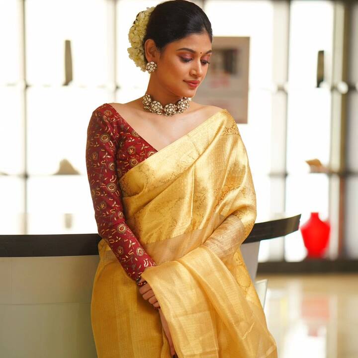 गोल्डन सिल्क साड़ी के साथ वर्क वाला मरून ब्लाउज पहने ओविया ट्रेडिशनल लुक फ्लॉन्ट करती दिख रही हैं. अपने लुक को उन्होंने गजरा लगाकर पूरा किया है.