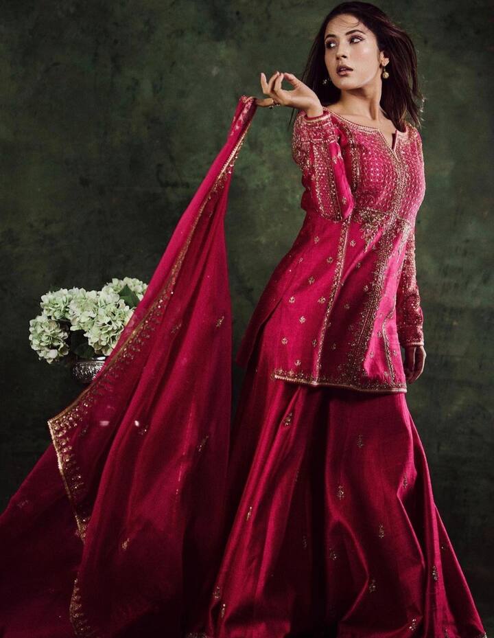 करवा चौथ पर साड़ी नहीं पहनना चाहते तो शहनाज गिल की तरह डार्क पिंक कलर का प्लाजो सूट कैरी कर सकती हैं. ये खूबसूरत भी है और कम्फर्टेबल भी.