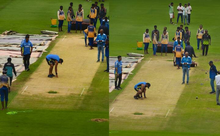 रोहित शर्मा ने पिच को छूकर उसका मुआयना किया. इस दौरान यह भी देखा गया कि ग्राउंड्समैन पिच को रोल कर रहे थे ताकि दूसरे दिन खेल में देरी न हो.