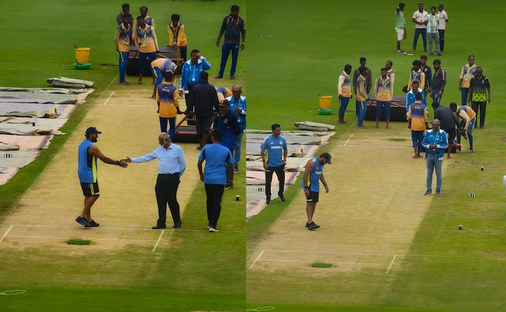 पहले दिन का मैच रद्द होने के बाद मौसम थोड़ा साफ हुआ. जिसके बाद भारतीय टीम के कप्तान रोहित शर्मा स्टेडियम में पिच पर पहुंचे