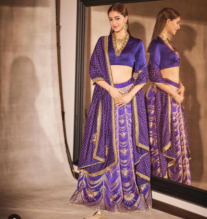 अगर आप करवा चौथ पर रेड या पिंक कलर कैरी नहीं करना चाहतीं तो अनन्या पांडे की तरह डार्क पर्पल कलर का लहंगा रिक्रिएट कर सकती हैं.  यह लुक देखने में जितना ग्लैमरस है उतना ही एलिगेंट भी है.