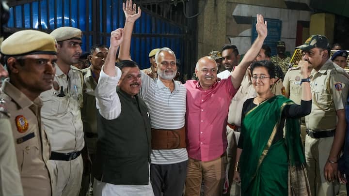 Satyendar Jain, former Delhi minister, was released from Tihar Jail on Friday after being granted bail. He was greeted by Atishi, Manish Sisodia, Rajya Sabha MP Sanjay Singh, and other AAP leaders.