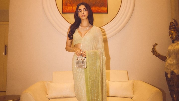 Khushi Kapoor treated fans with pictures in a pastel sequins saree looking her most elegant self.