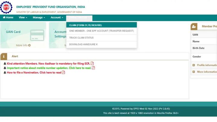 इसके बाद आपको‘Online Services’ के टैब पर क्लिक करके ड्रॉप-डाउन मेन्यू से ‘Claim (Form-31, 19 & 10C)’ सिलेक्ट करना होगा. इसके बाद स्क्रीन पर आपकी इंफोर्मेशन आएगी. बैंक अकाउंट के लास्ट 4 नंबर दर्ज करें और ‘Verify‘ पर क्लिक कर दें.