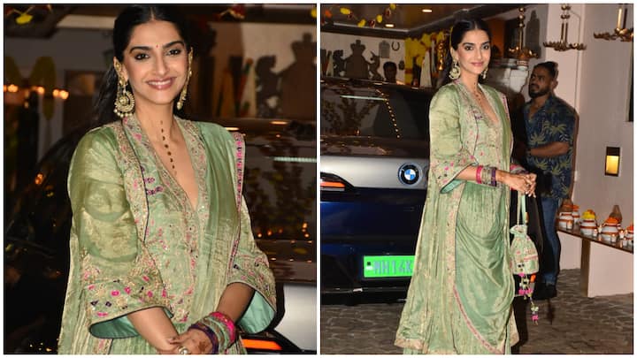 Sonam Kapoor Karwa Chauth Photos: करवा चौथ का त्योहार जहां पूरी इंडस्ट्री मना रही है वहीं सोनम कपूर भी इसमें शामिल हैं. सोनम को उनके घर के बाहर पैप्स ने स्पॉट किया और सोनम बेहद खूबसूरत नजर आ रहीं.