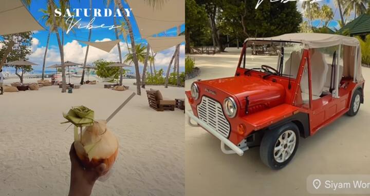 इसके बाद हिना ने समुंदर किनारे से नारियल पानी फ्लॉन्ट करते हुए एक बूमरैंग शेयर किया था. इसके साथ ही उन्होंने अपनी राइड की झलक दिखाई दी थी. इसके साथ उन्होंने लिखा था- 'क्योंकि हम मालदीव्स के सबसे बड़े रिजॉर्ट में हैं तो हमारी अपनी एक्सक्लूसिव प्राइवेट राइड है. ये बहुत गॉर्जियस है. इसे ड्राइव करते हैं.'