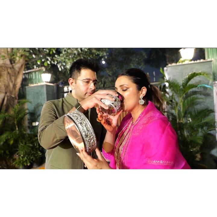 Raghav, on the other hand, looked stylish in a pista coloured kurta pyjama and half jacket.