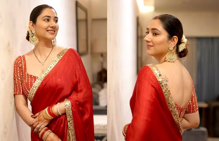 Disha Parmar had shared her Karva Chauth look before breaking the fast. Wearing a red colored saree, with Mangalsutra around her neck and Gajra in her hair, she was looking very beautiful.