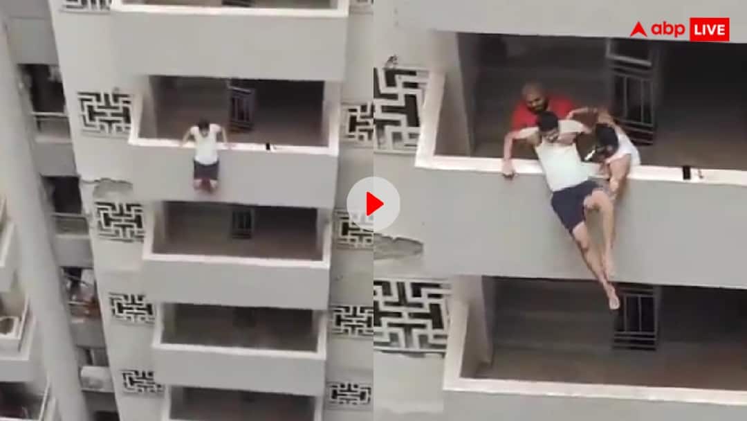 Man attempted suicide in Noida Supertech Cape Town Society who was saved by people 12वीं मंजिल से छलांग लगा सुसाइड कर रहा था शख्स, बचाने को दौड़े लोग और फिर...देखें खौफनाक वीडियो