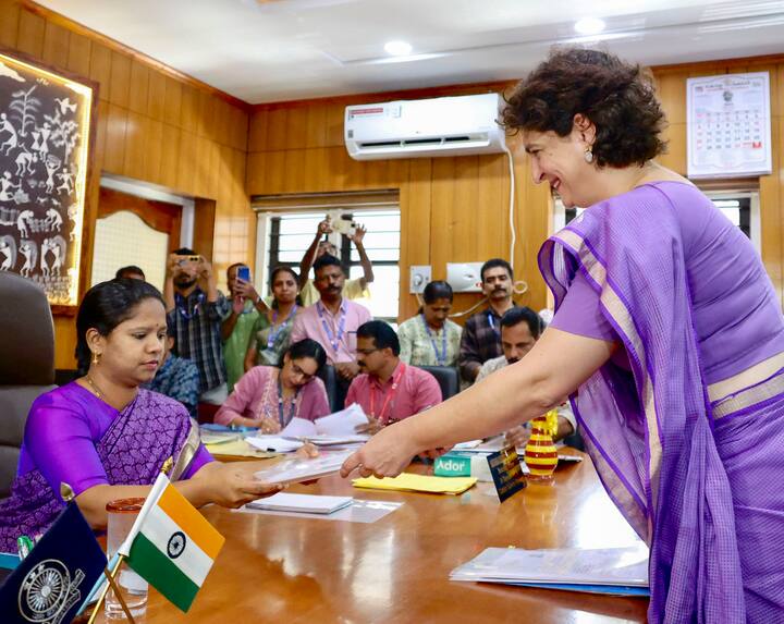 Following their public meeting, Priyanka proceeded to the collectorate to officially file her nomination papers in the presence of Sonia Gandhi, Rahul Gandhi, AICC President Mallikarjun Kharge, and party general secretary KC Venugopal. (Credit: PTI)